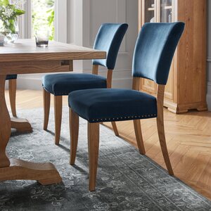 Rustic Oak Uph Chair - Dark Blue Velvet Fabric (Pair)