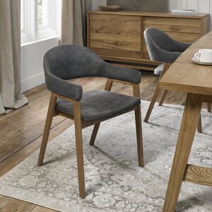 Rustic Oak Upholstered Arm Chair In Dark Grey Fabric (Pair)