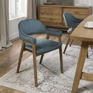 Rustic Oak Upholstered Arm Chair In Azure Velluto Velvet (Pair)